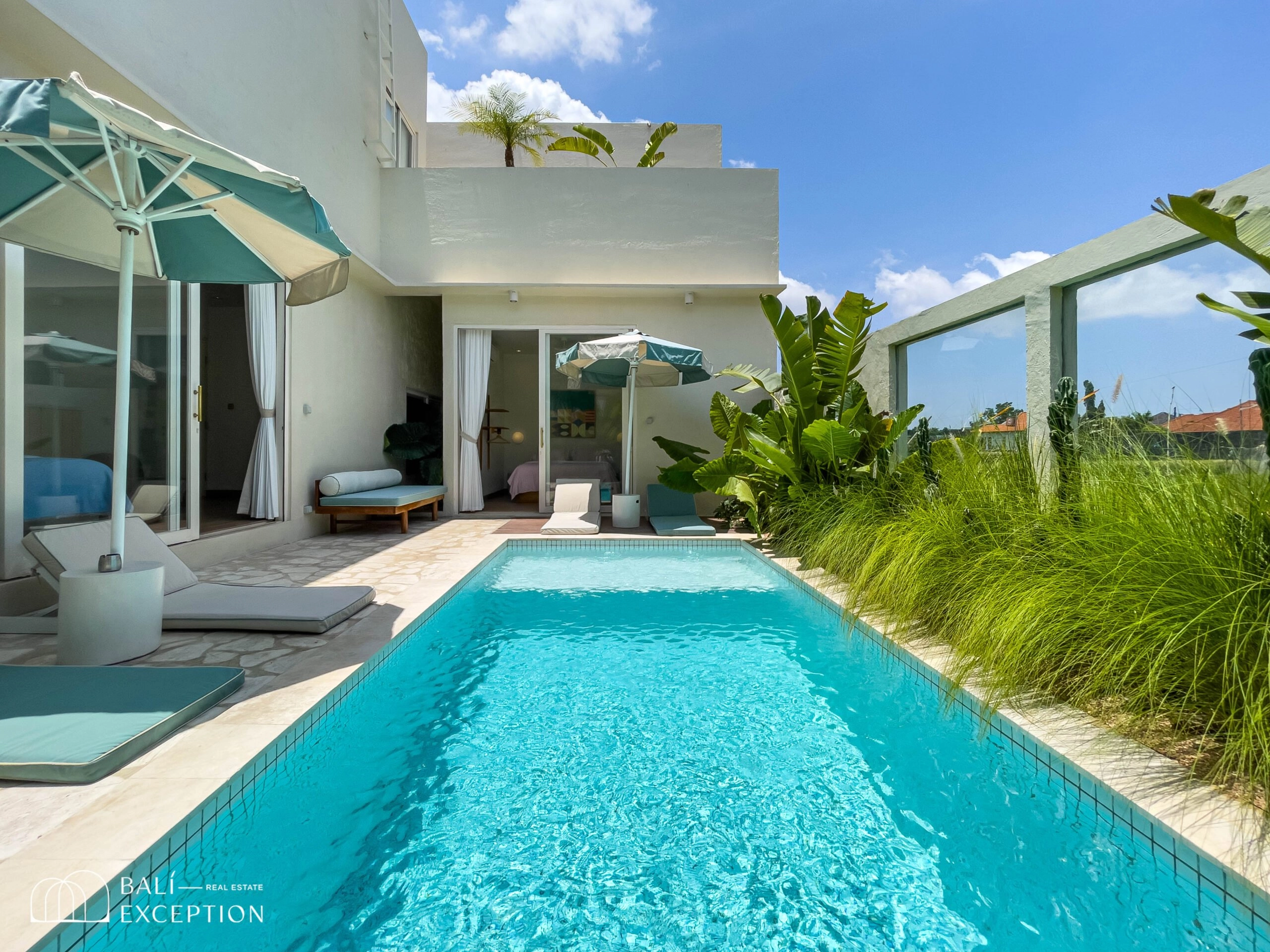 Luxury villa with pool and tropical garden view.