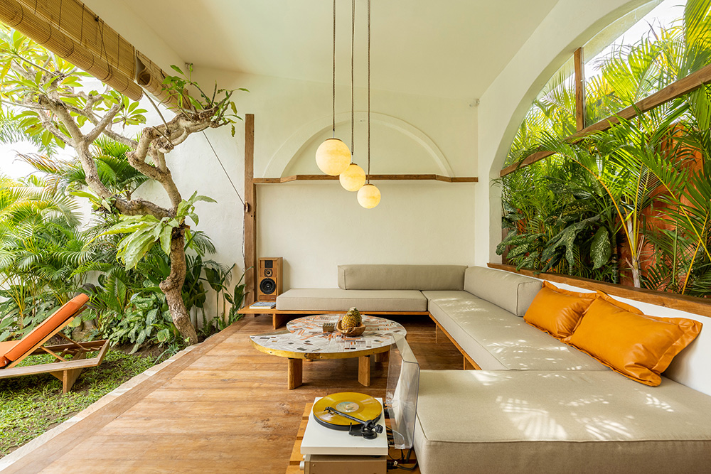 Cozy living room with plants and modern decor.