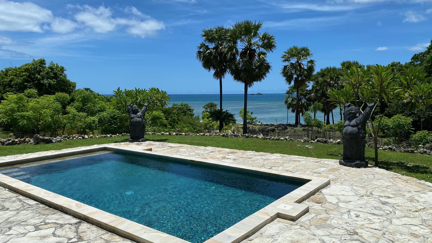 Tropical pool with ocean view and statues