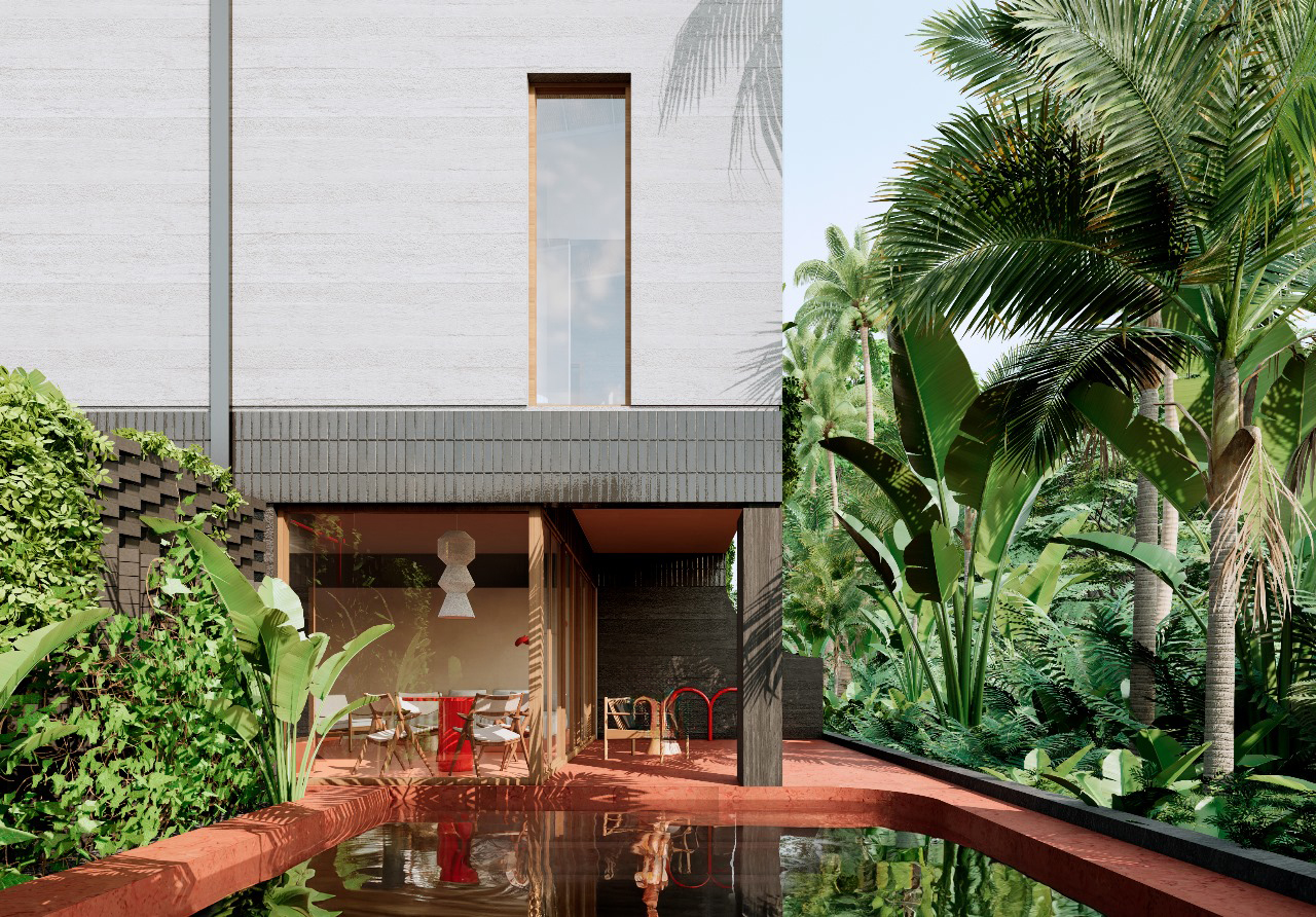 Modern house with lush garden and patio view.