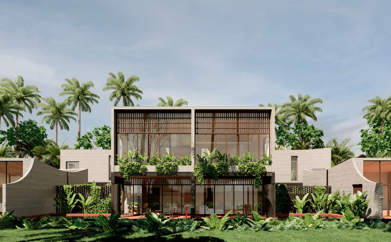 Modern house with palm trees and greenery