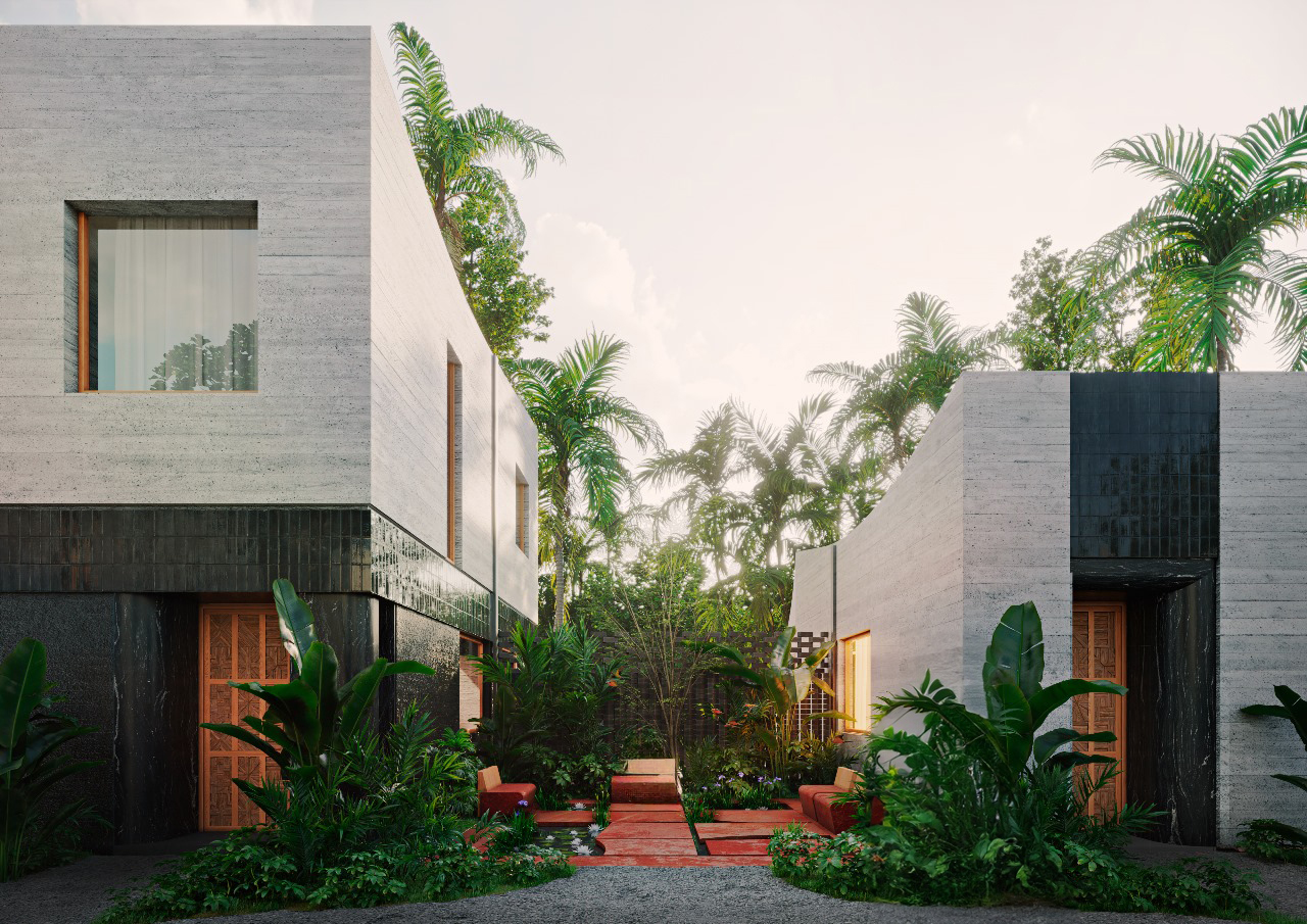 Modern tropical villa with lush greenery.