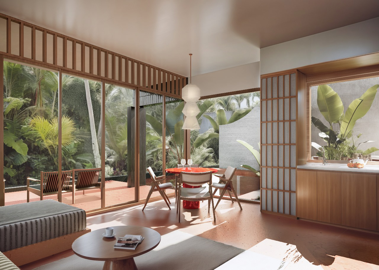 Modern tropical living room with garden view