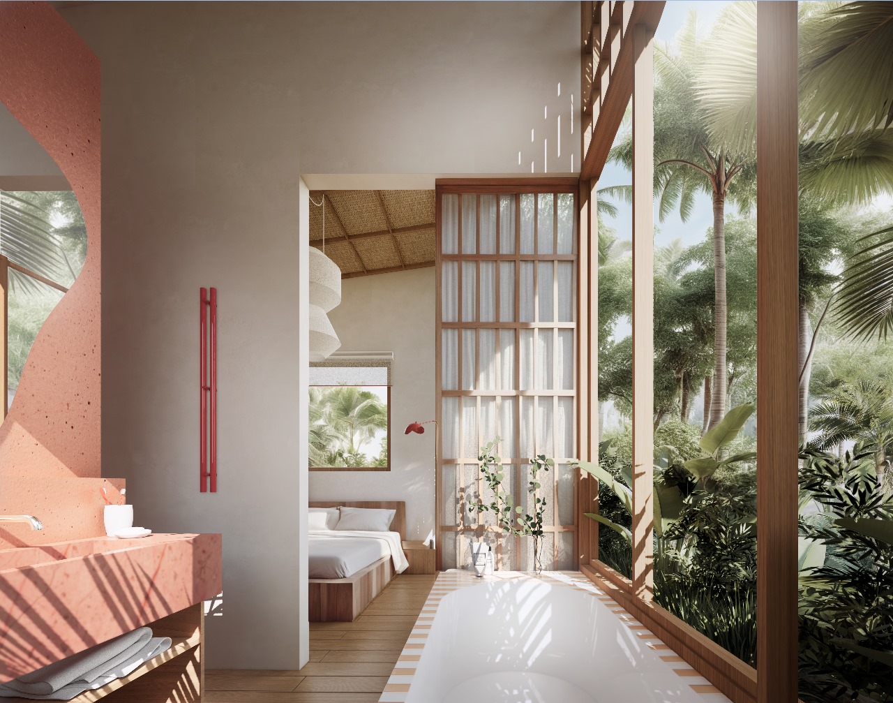 Modern bathroom with tropical view and bedroom access.
