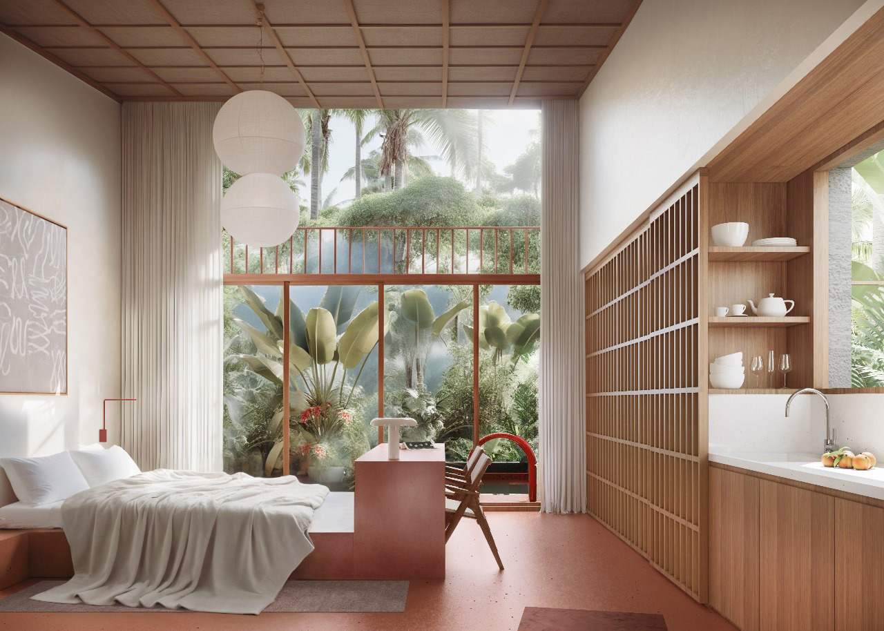 Modern bedroom with tropical garden view