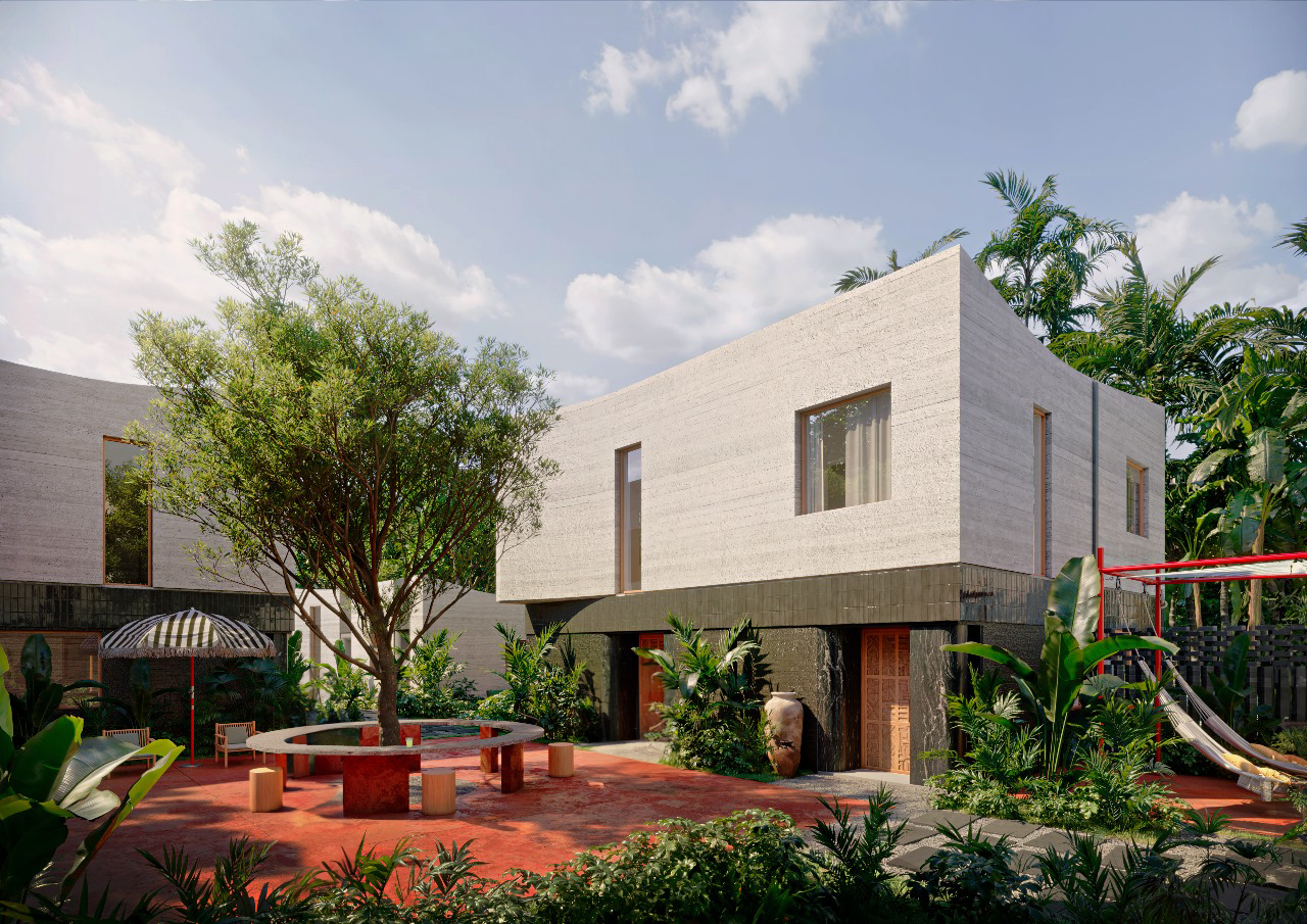 Modern courtyard with greenery and seating area.