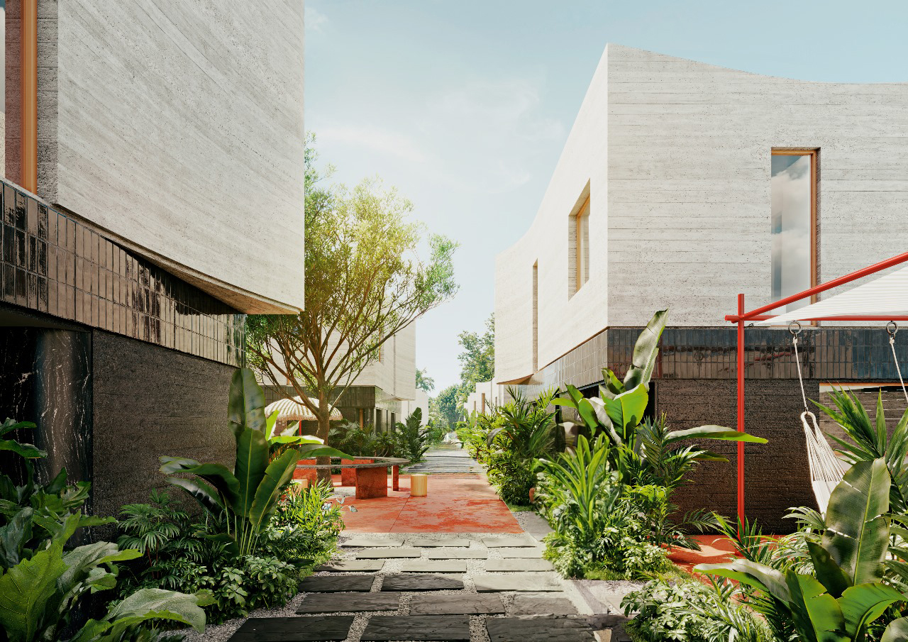 Modern buildings with lush garden walkway