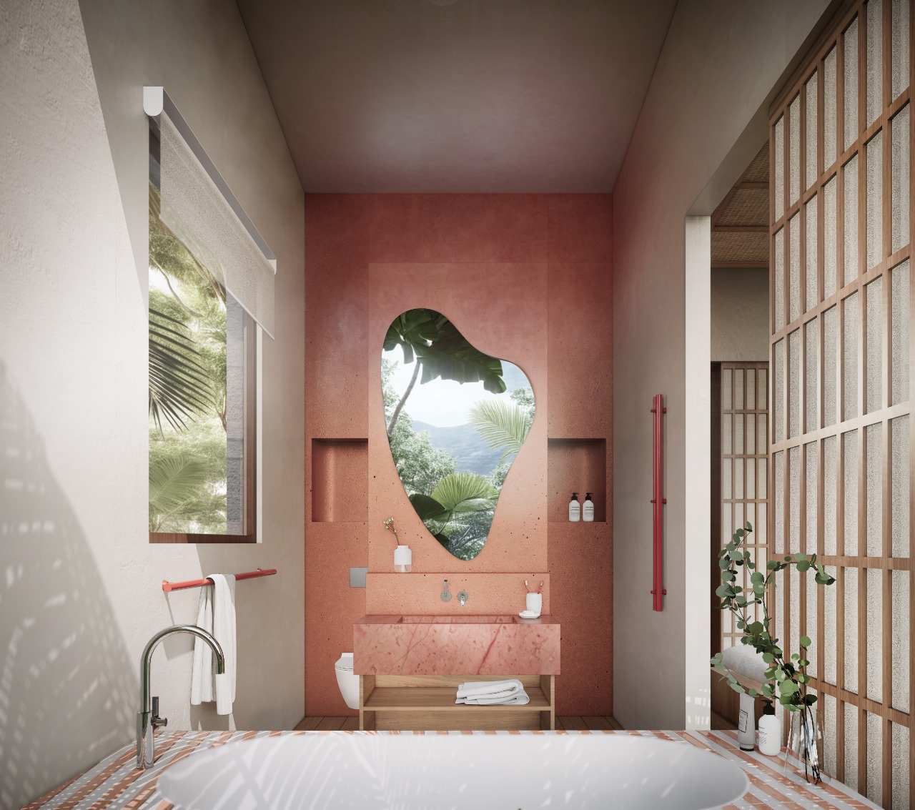 Modern bathroom with heart-shaped mirror and pink accents.