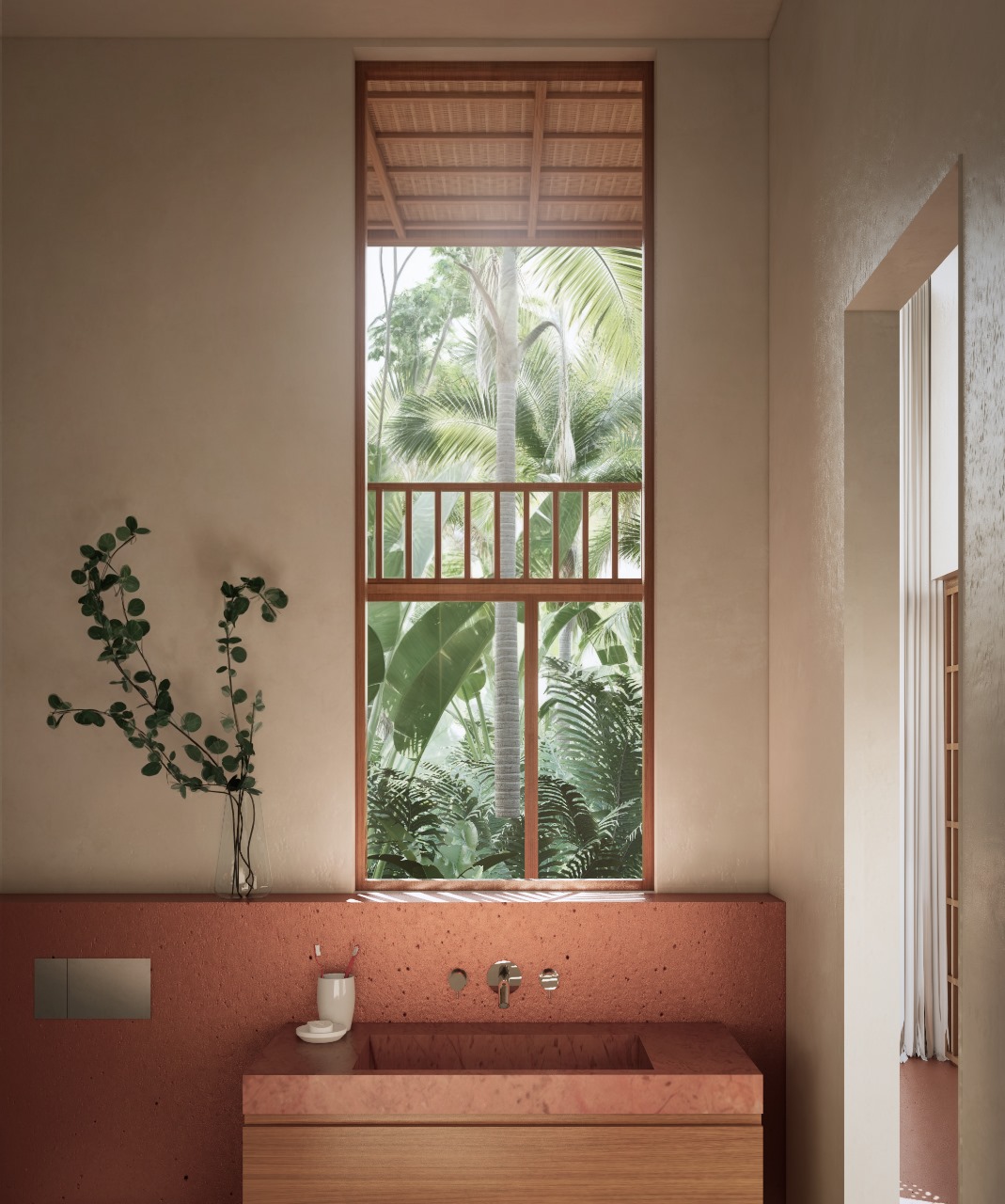 Modern bathroom with large window and tropical view