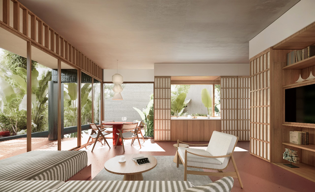 Modern living room with large windows and plants.