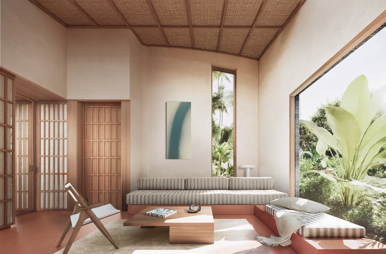 Minimalist living room with large windows and greenery.