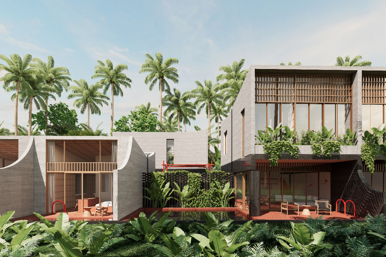 Modern house with palm trees and greenery.