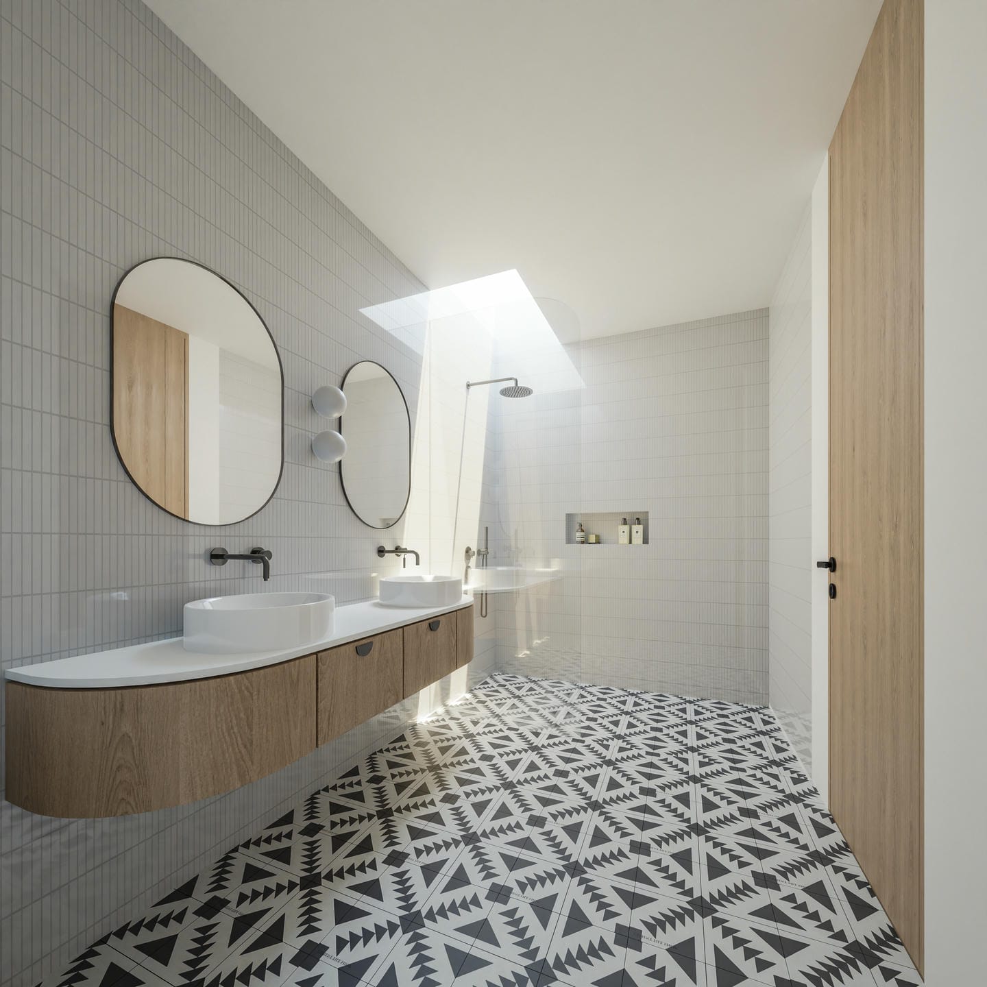 Modern bathroom with geometric patterned floor tiles.
