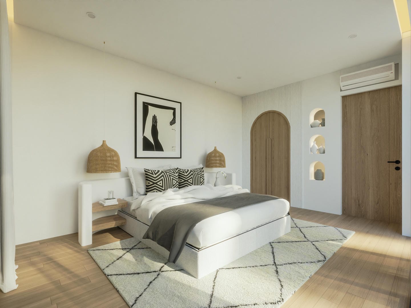 Modern bedroom with minimalistic decor and wood accents.