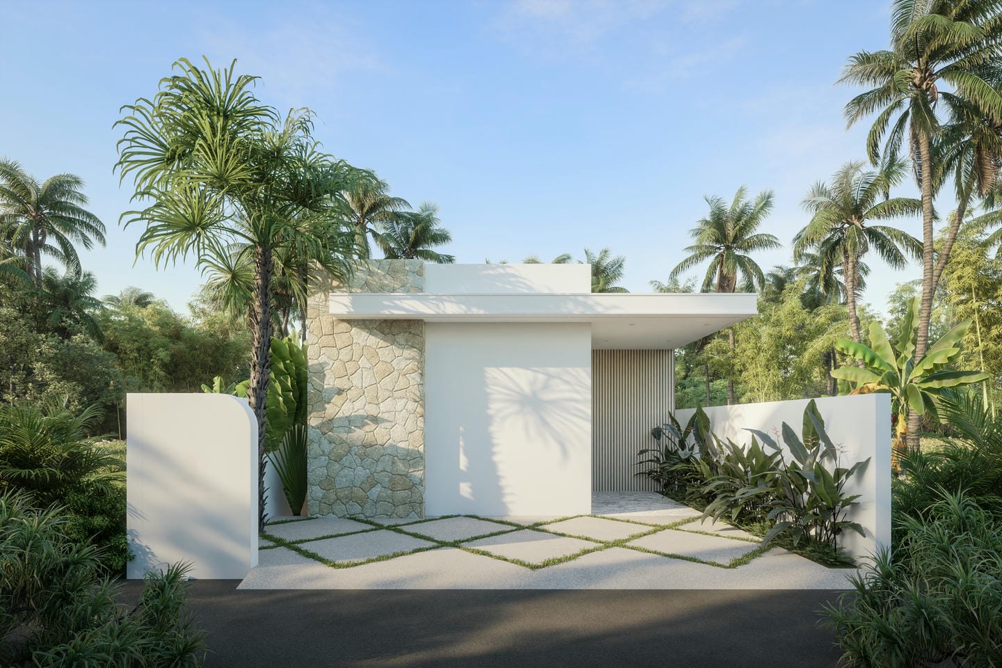 Modern tropical house with lush greenery and palms.