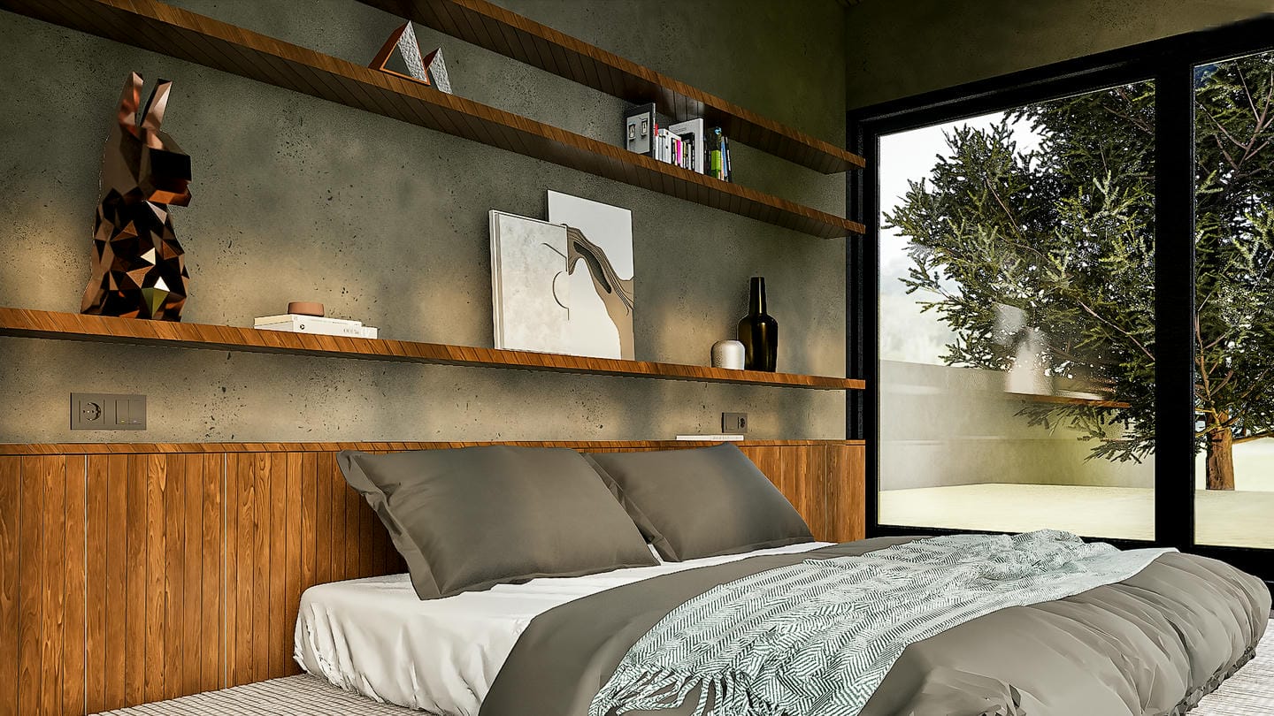 Modern bedroom with wooden shelves and window view.