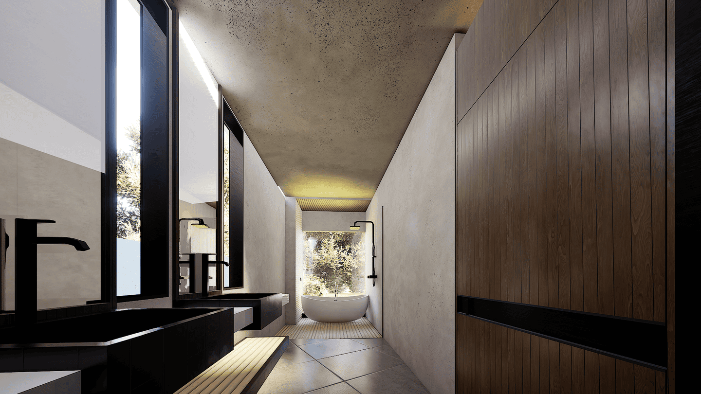 Modern bathroom with bathtub and large windows