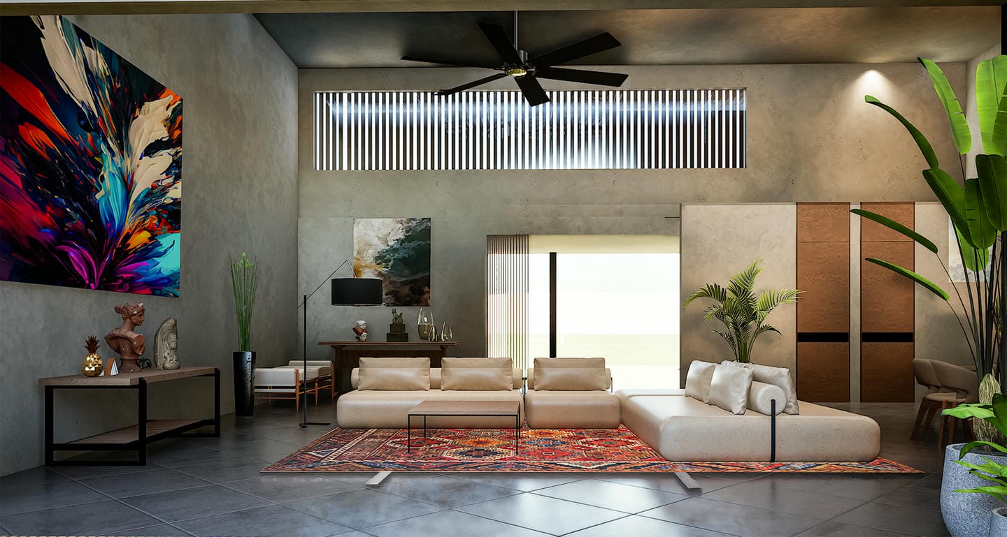 Modern living room with abstract art and plants.