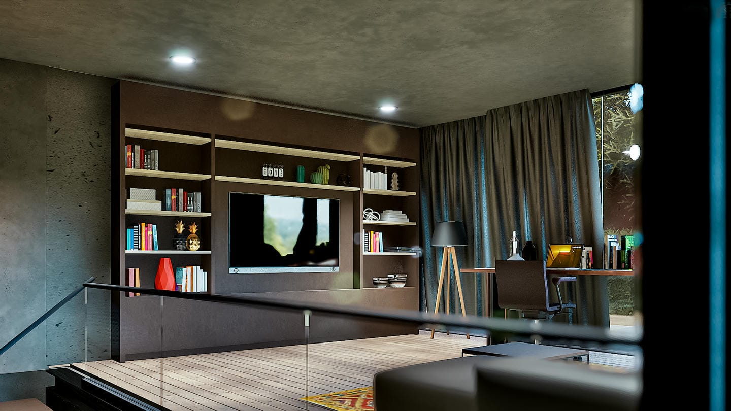 Modern living room with bookshelf and desk.