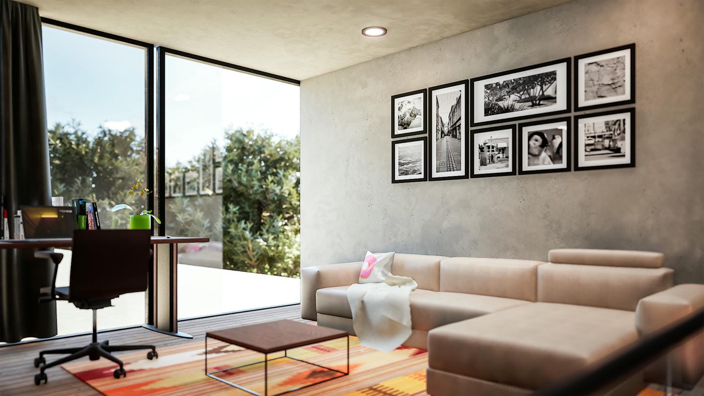 Modern living room with large windows and decor.