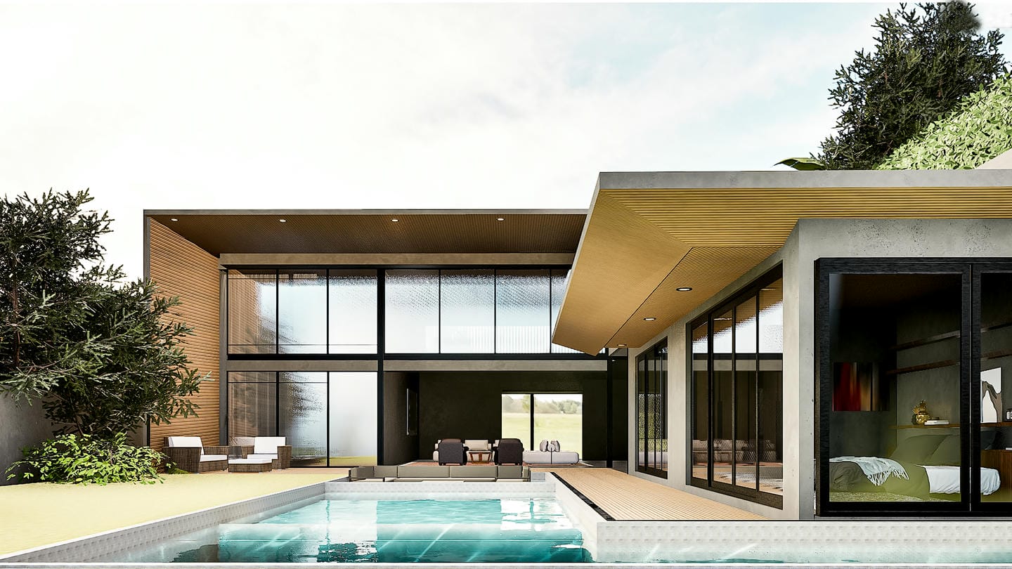 Modern house with pool and patio furniture