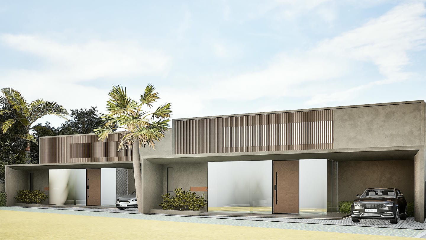 Modern villas with outdoor parking and palm trees.