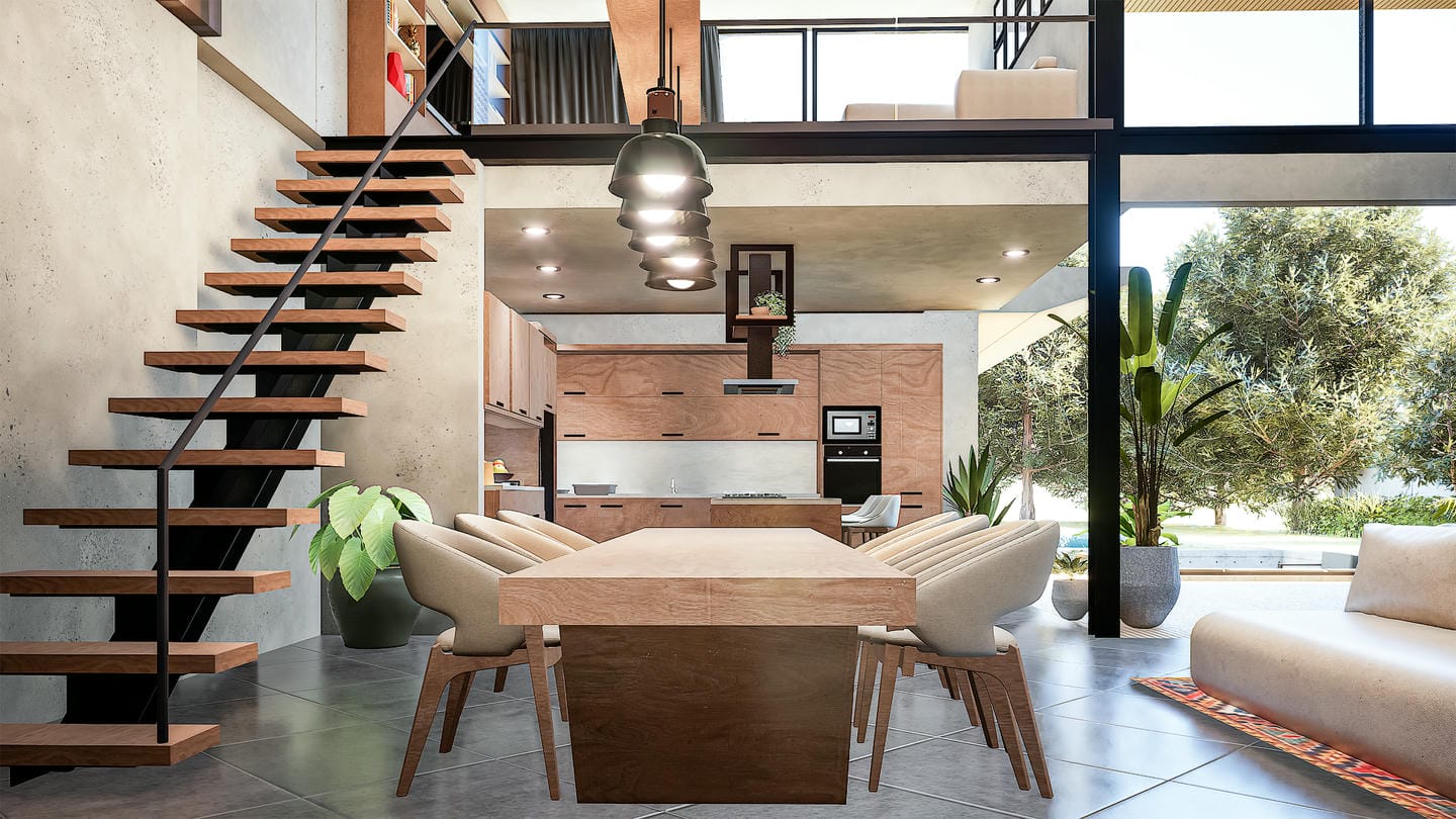 Modern open-plan kitchen and living room design.