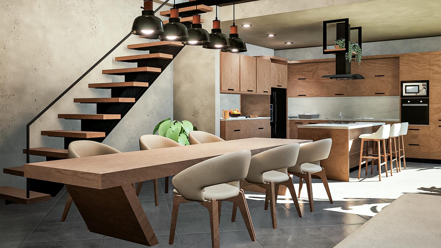 Modern kitchen and dining with wooden staircase