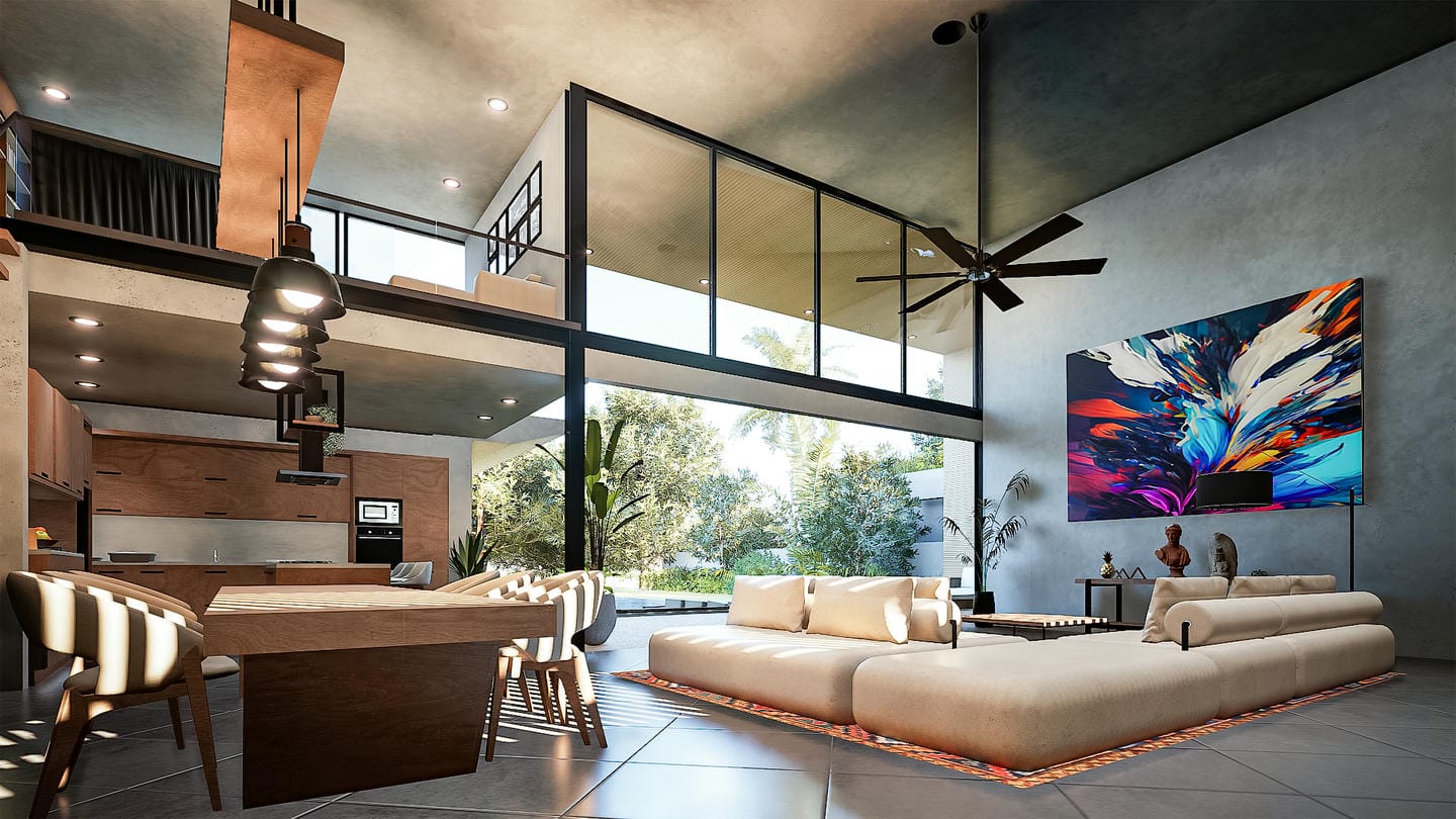 Modern living room with art and natural lighting