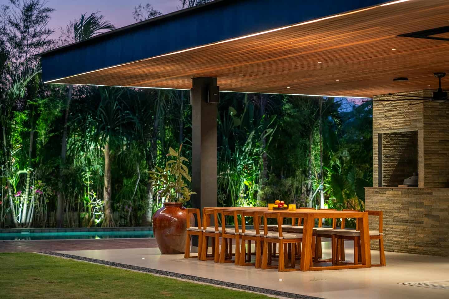Outdoor dining area with wooden furniture