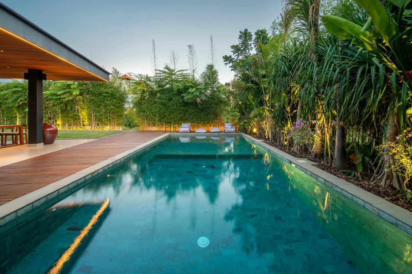 Luxury pool with tropical garden backdrop