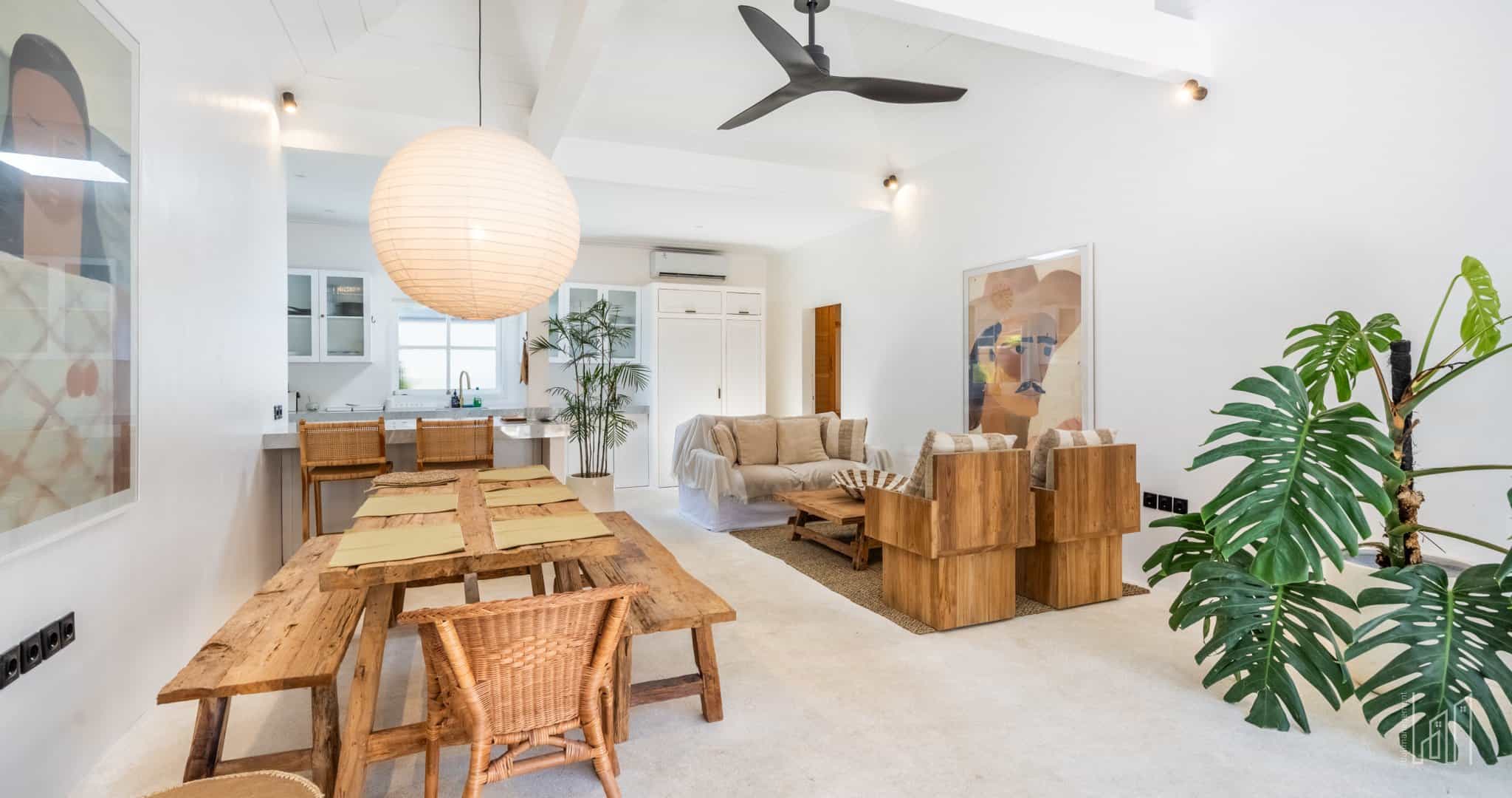 Modern open living room with wooden furniture