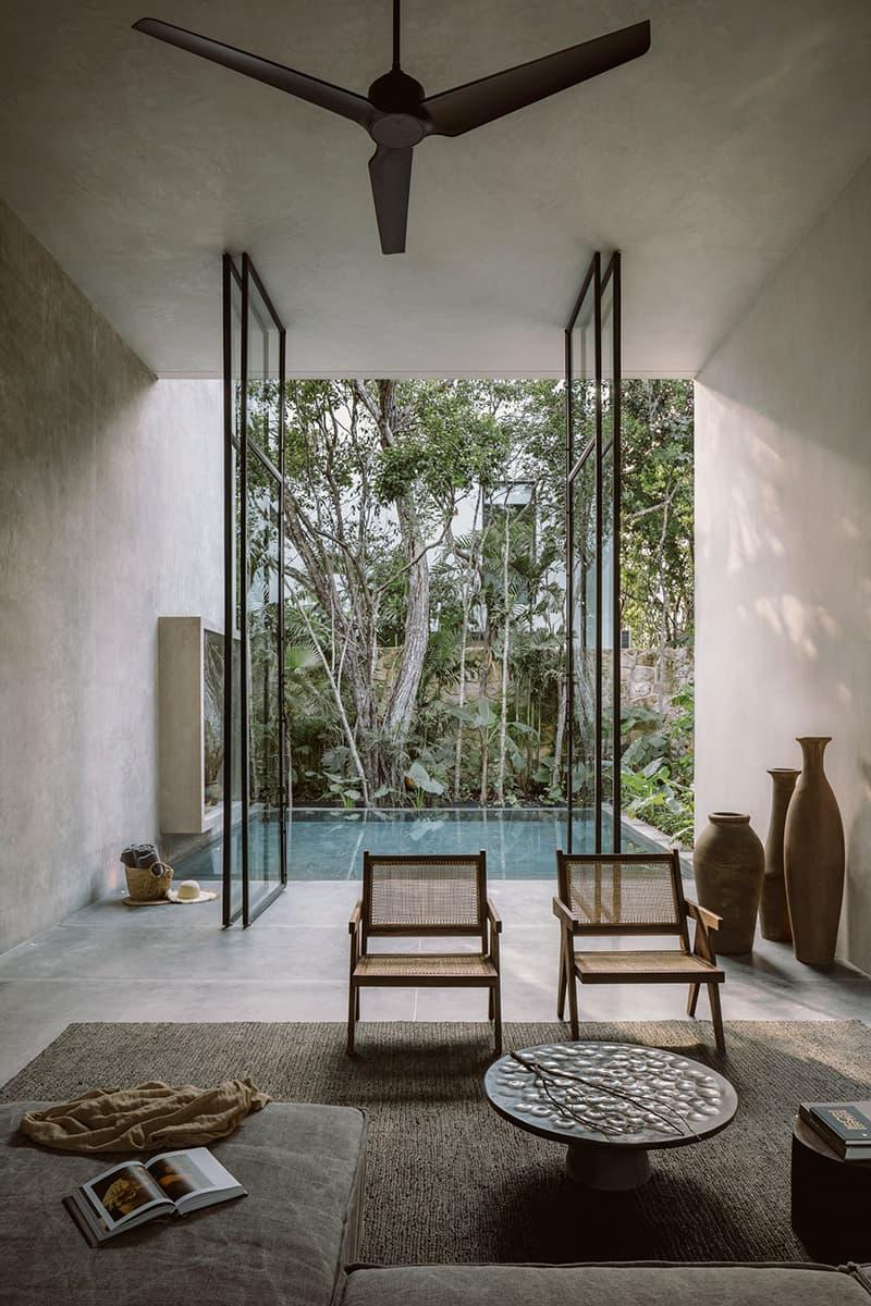 Modern living room with outdoor pool view