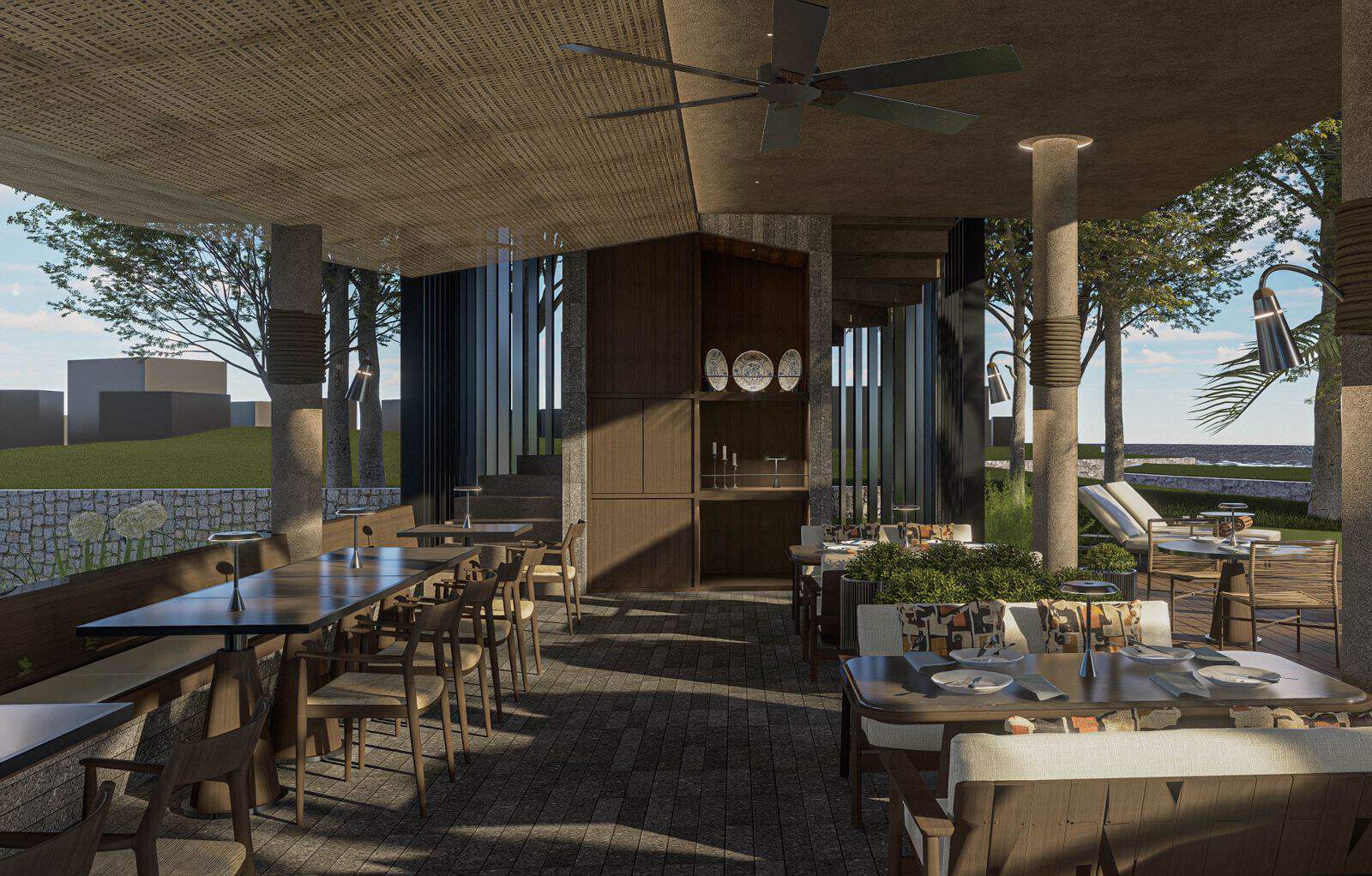 Outdoor restaurant with modern wooden furniture and decor.
