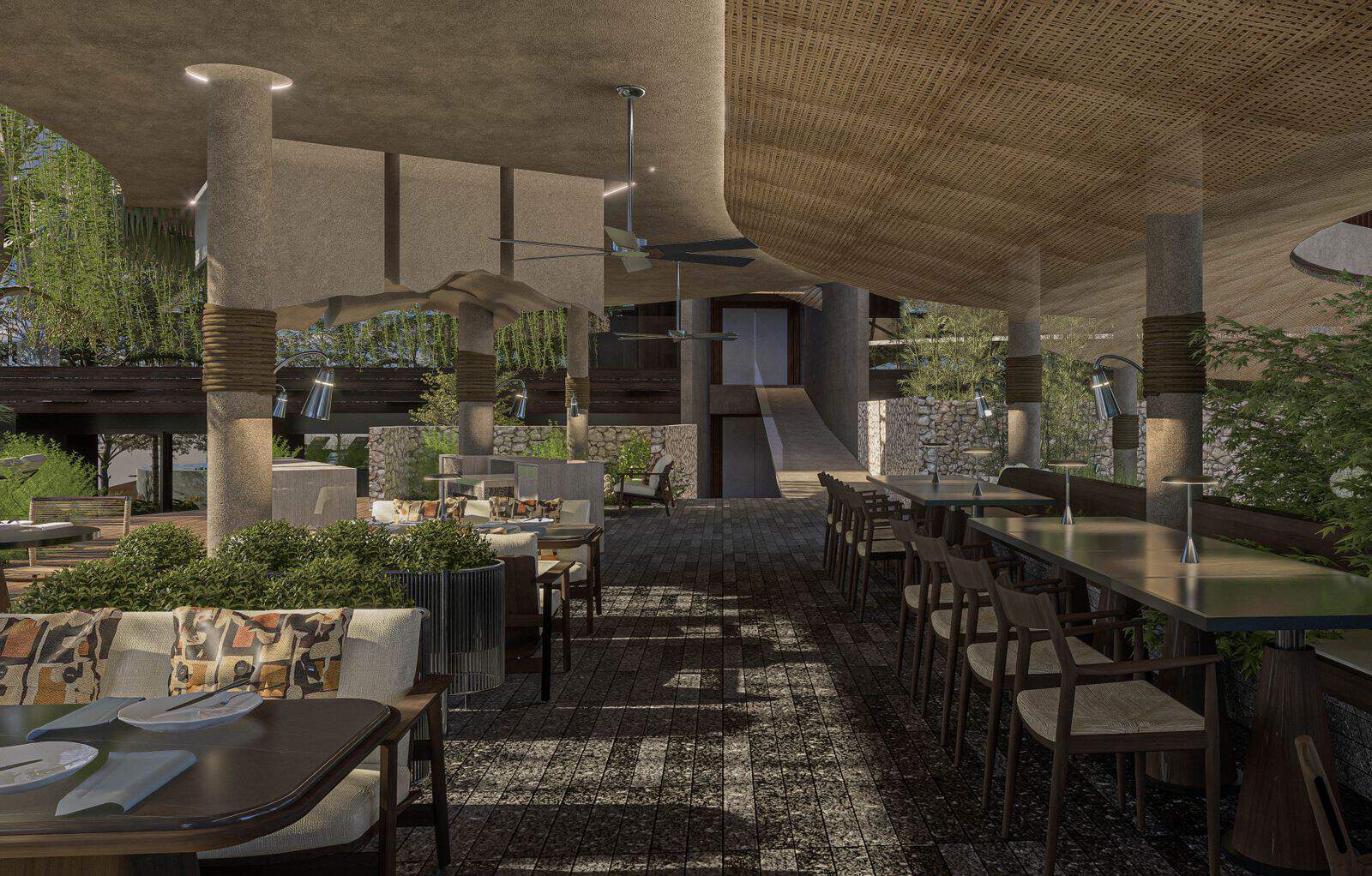 Modern outdoor restaurant seating with greenery and tables.