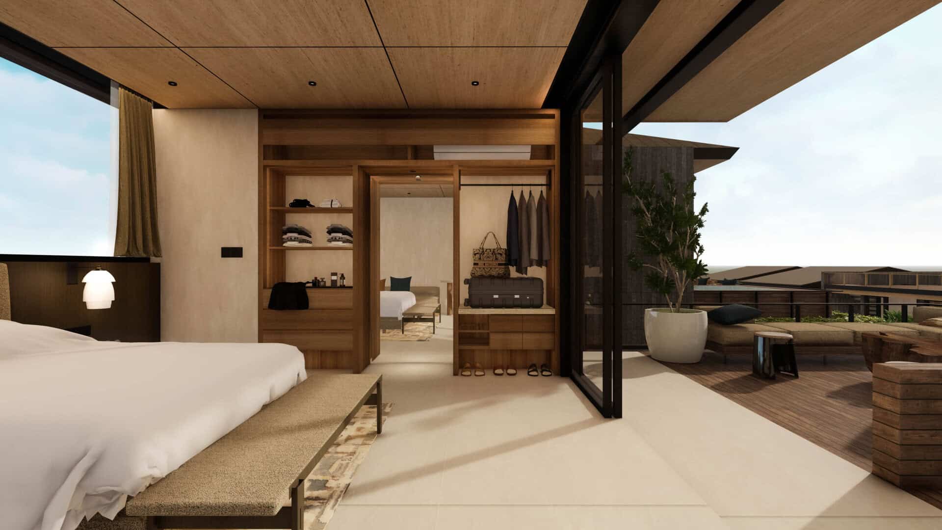 Modern bedroom with open balcony and closet.