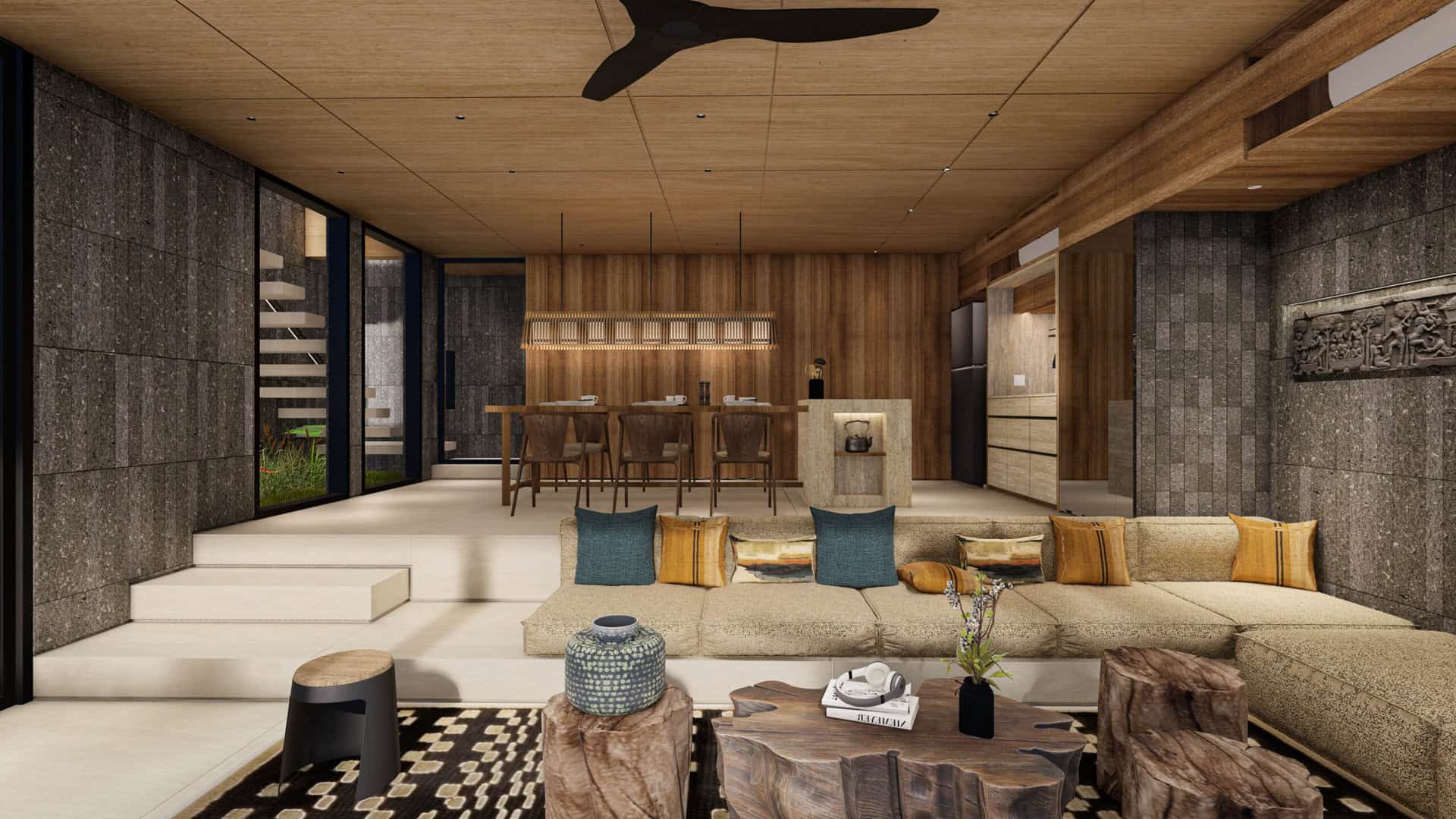 Modern rustic living and dining area with wood accents.