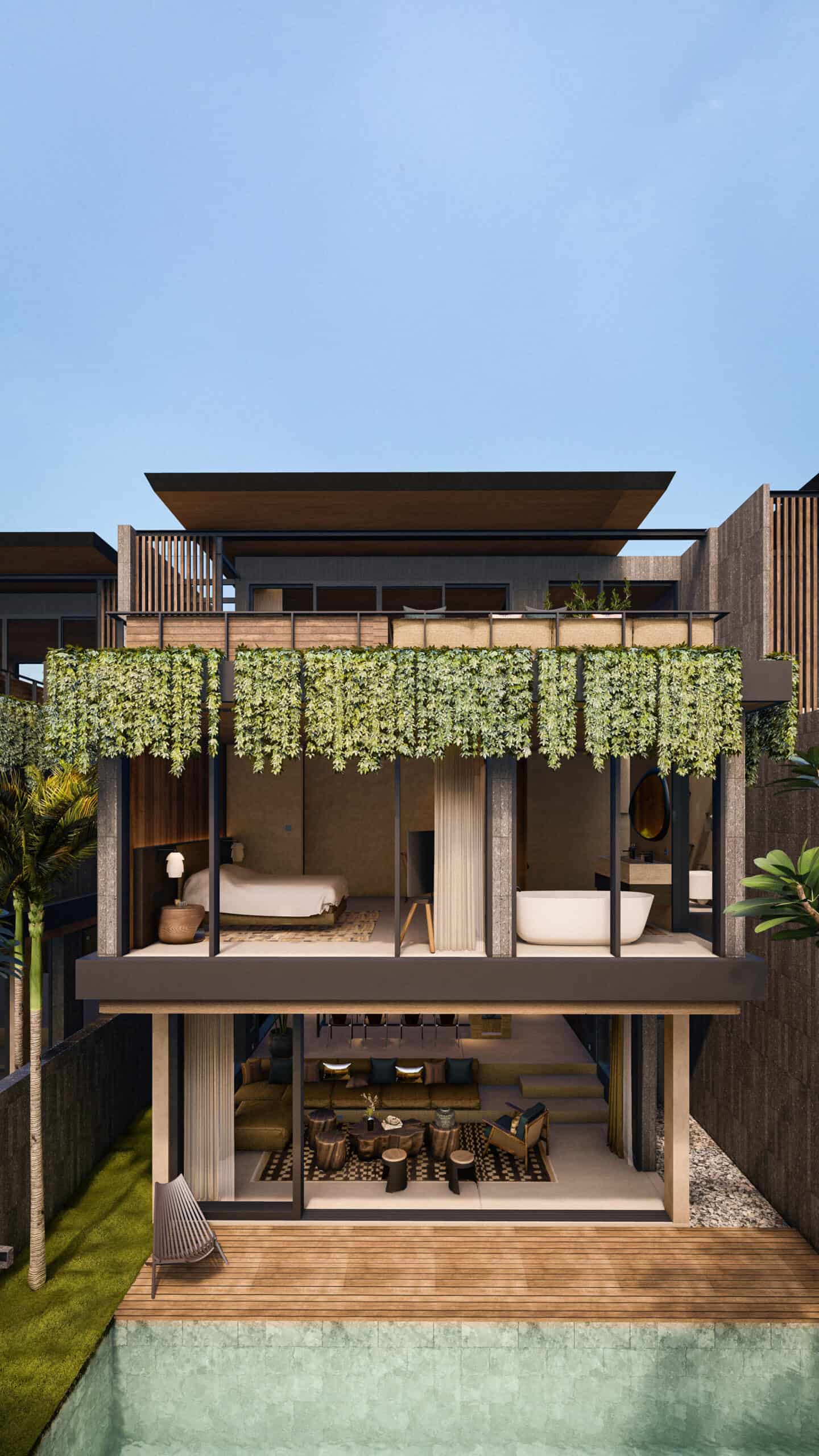 Modern house exterior with pool and greenery.