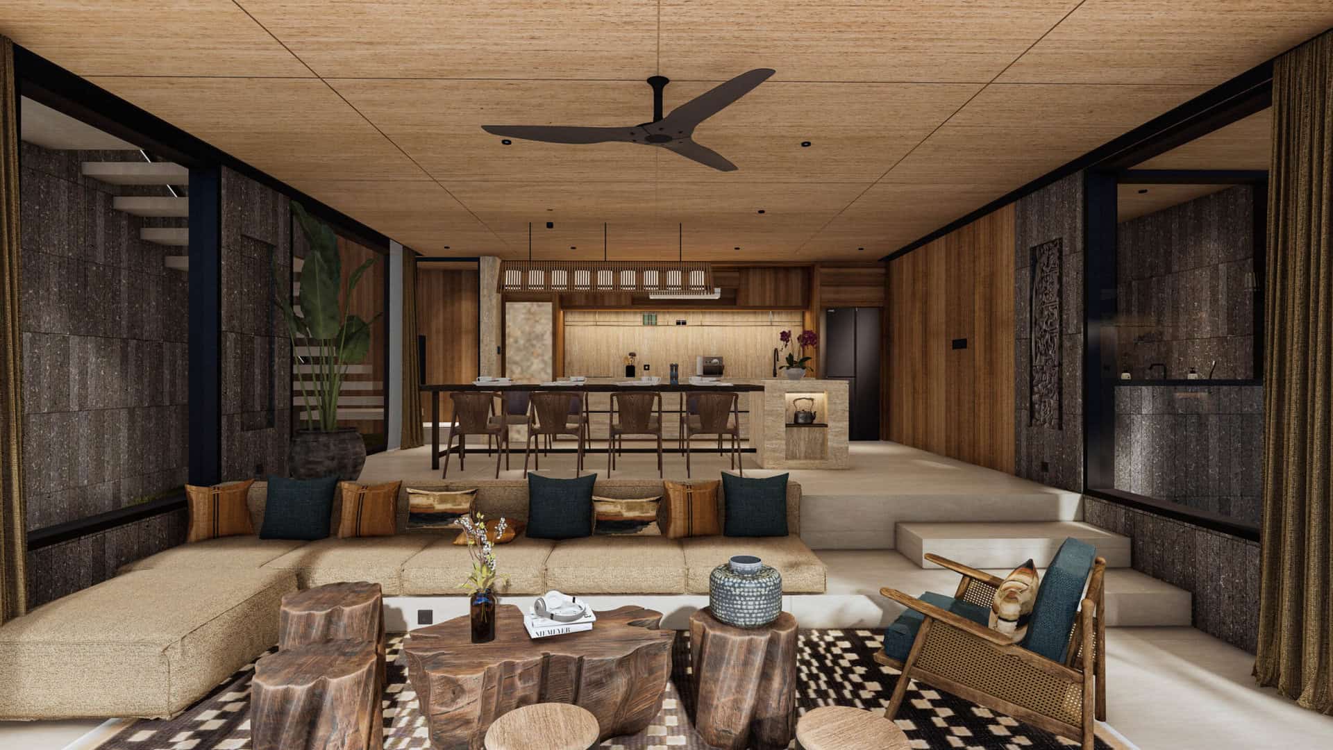 Modern living room with wooden decor and furniture.