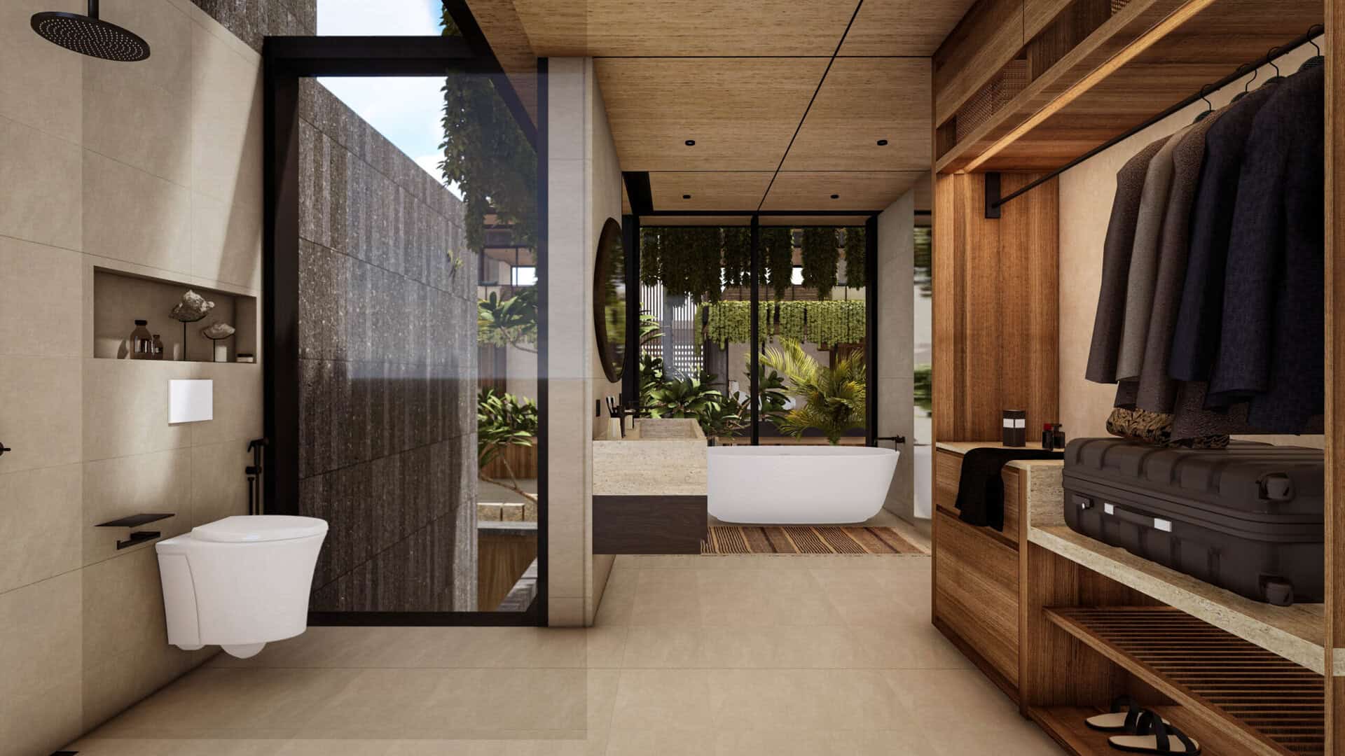 Modern bathroom with bathtub and garden view