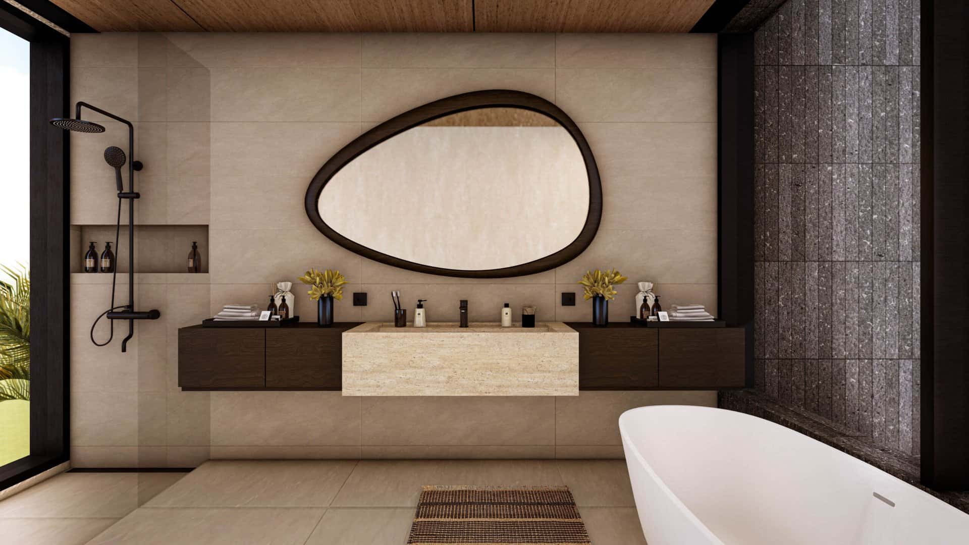 Modern bathroom with freestanding tub and oval mirror.