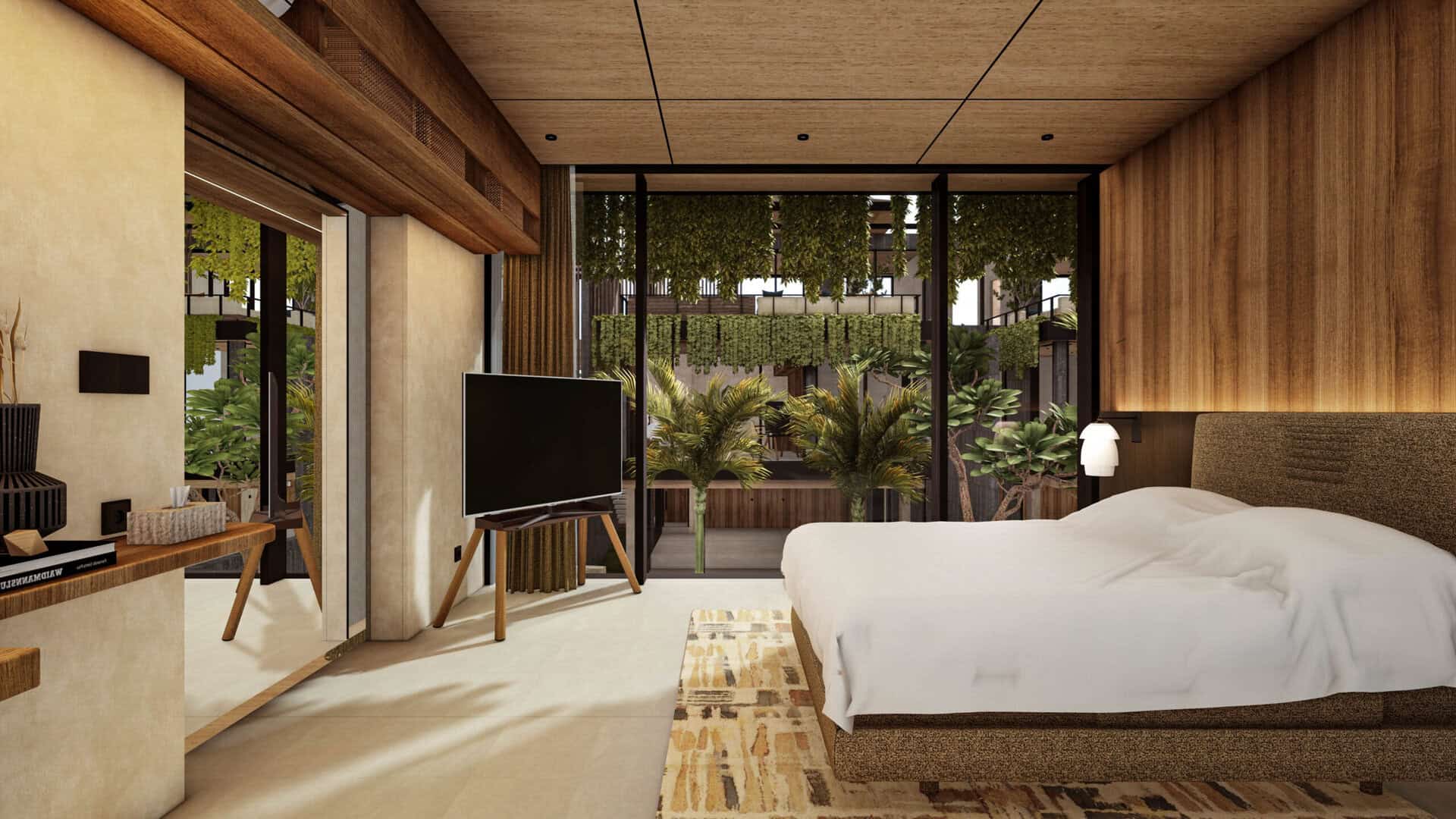 Modern bedroom with plants and large windows.