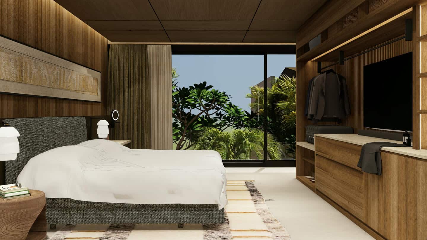 Modern bedroom with wooden decor and large window.