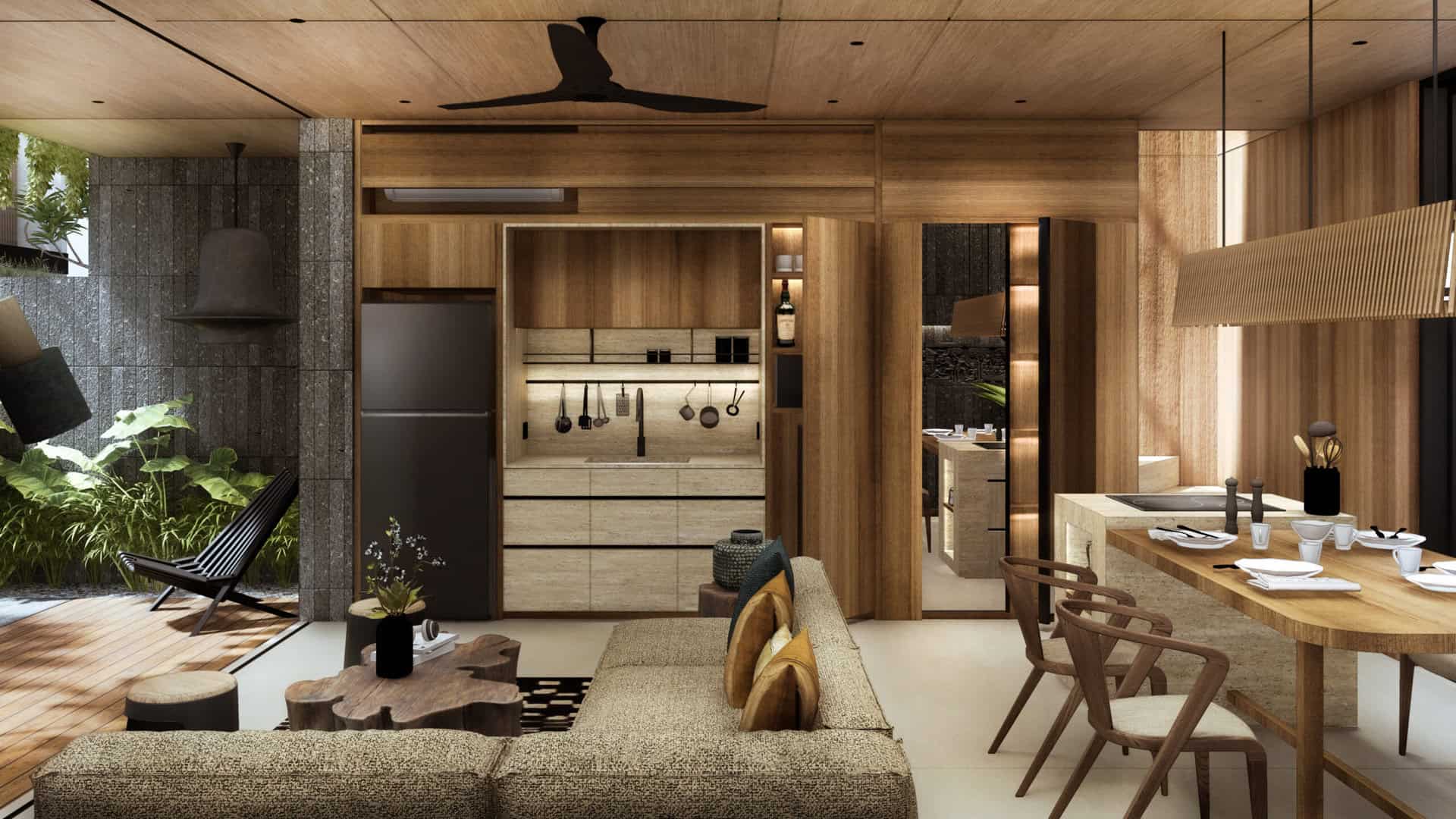 Modern kitchen and living area with natural light.