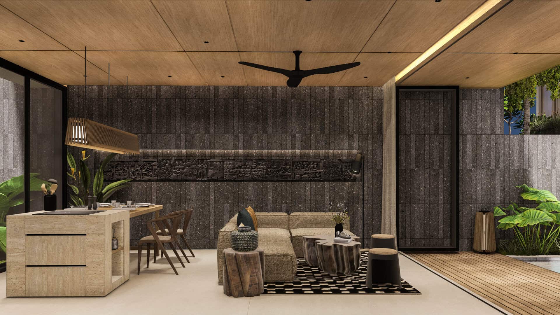 Modern living room with wooden furniture and plants