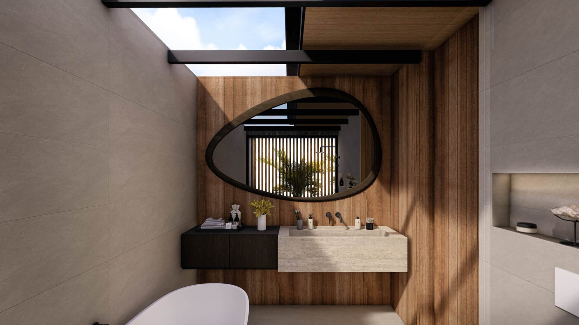 Modern bathroom with wooden accents and large mirror.