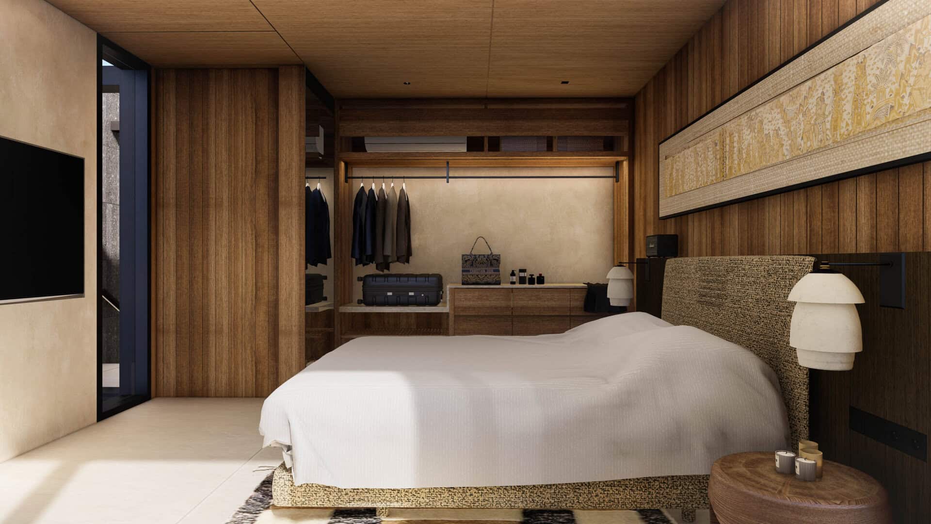 Modern bedroom with wooden design and bed.