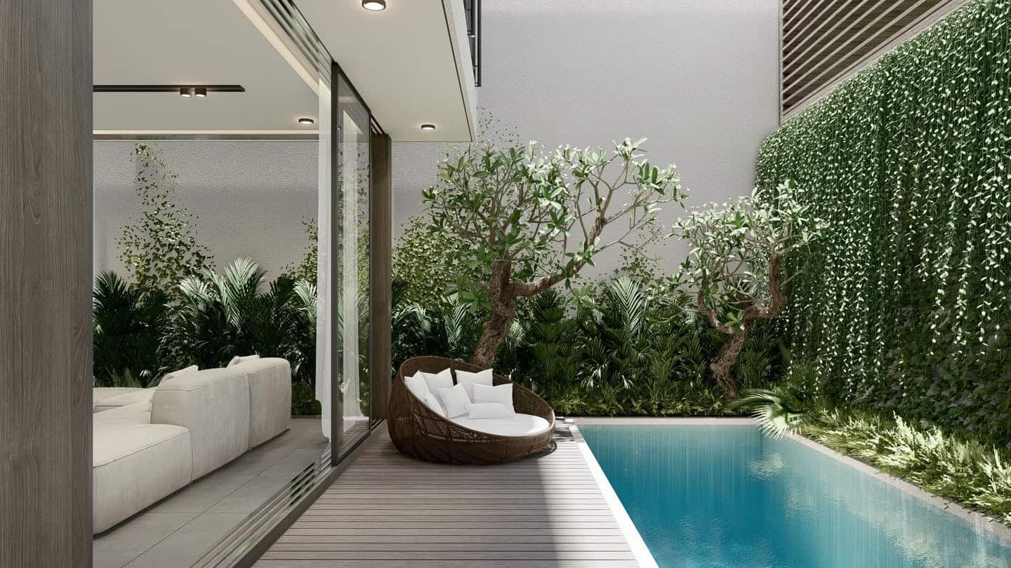 Modern patio with couch by the pool