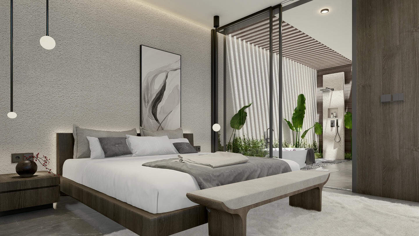 Modern bedroom with minimalist decor and greenery.