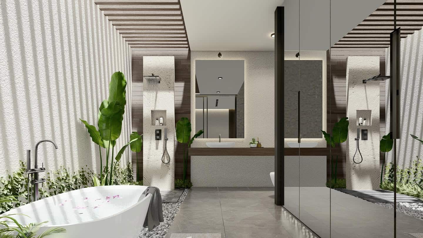 Modern bathroom with plants and freestanding bathtub.